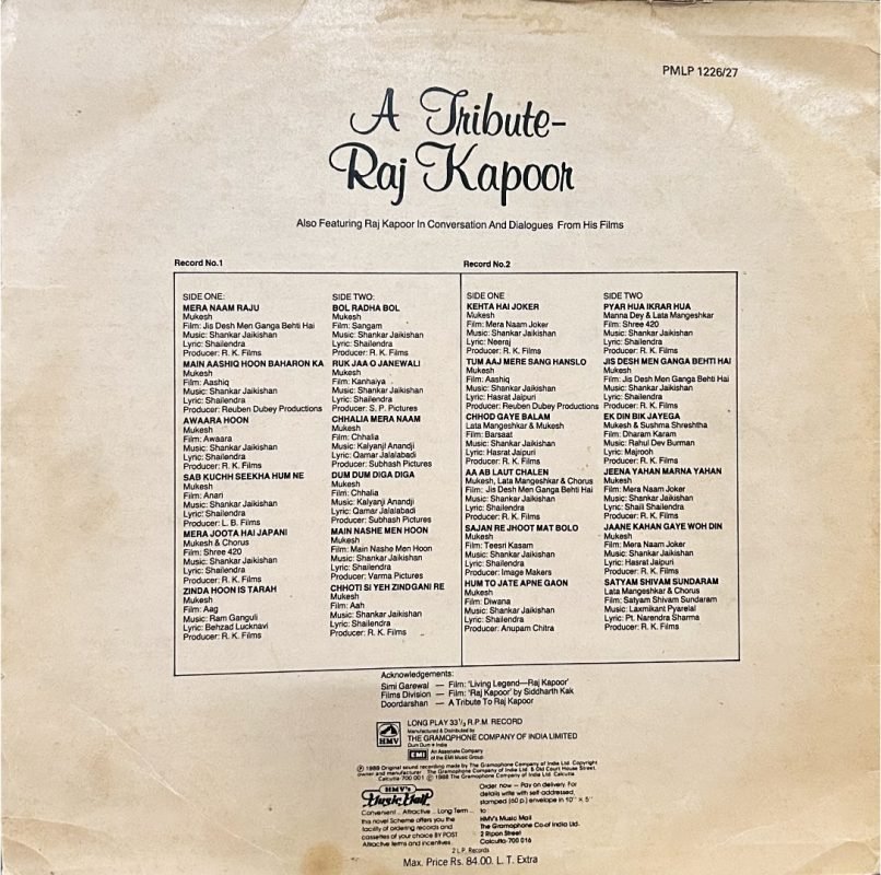 A TRIBUTE-RAJ KAPOOR-VINYL LP-DOUBLE LP SET vinyl record cover - buy online India