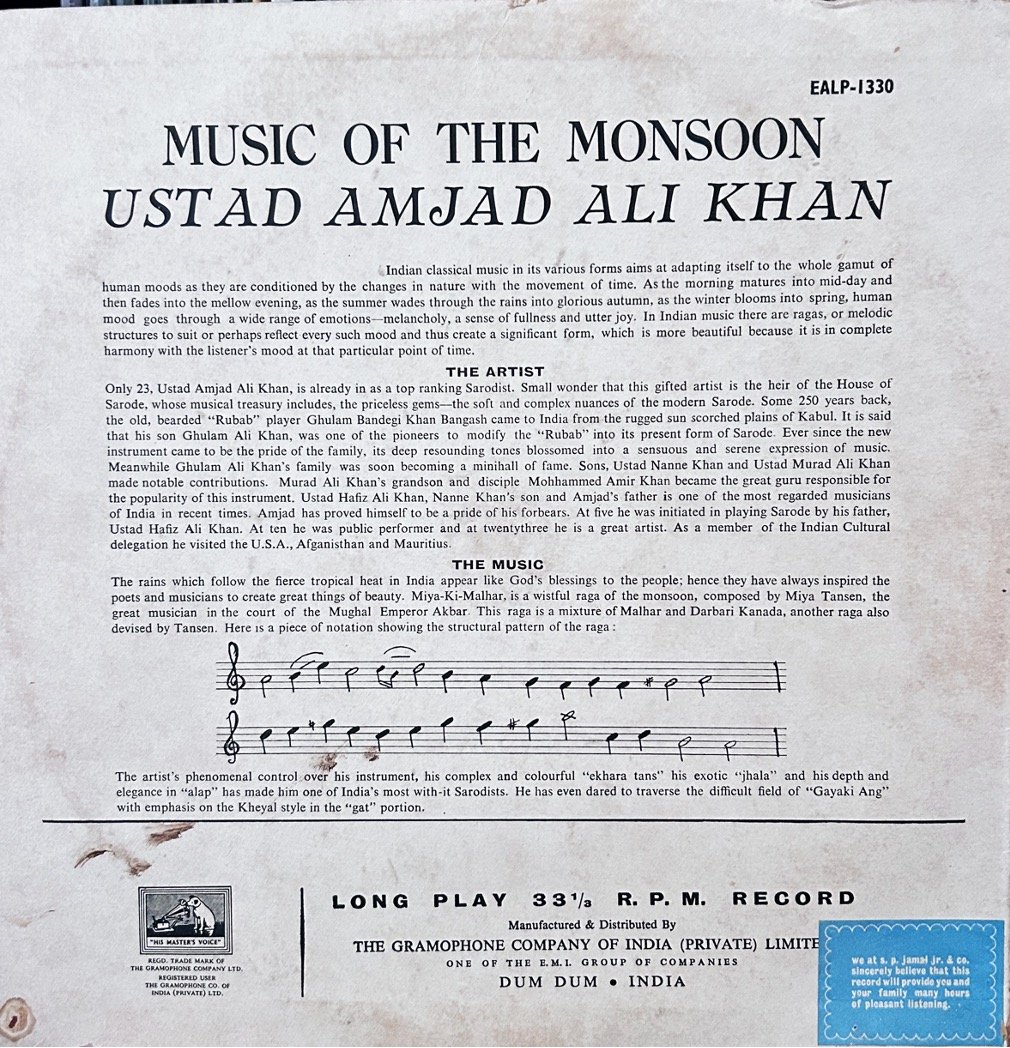 Amjad Ali Khan – Music Of The Monsoon- vinyl record cover - buy online India