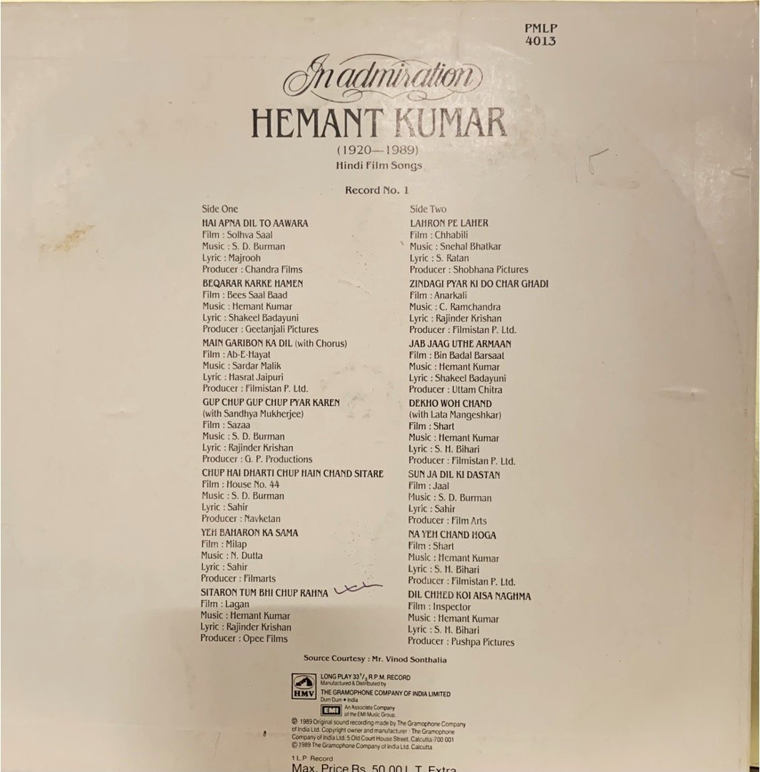 IN ADMIRATION-HEMANT KUMAR-VOL 1,3,4-VINYL LP vinyl record cover - buy online India