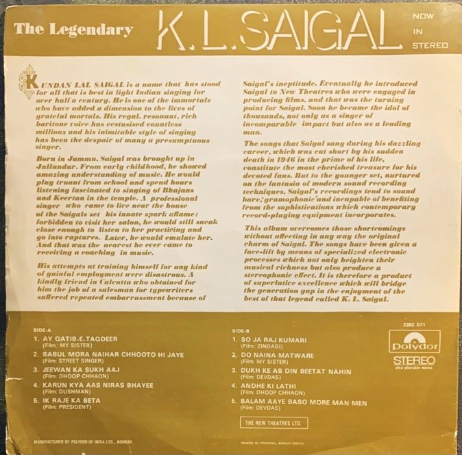 THE LEGENDARY-K L SAIGAL-VINYL RECORD LP vinyl record cover - buy online India