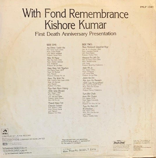 KISHORE KUMAR-WITH FOND REMEMBRANCE-VINYL LP vinyl record cover - buy online India