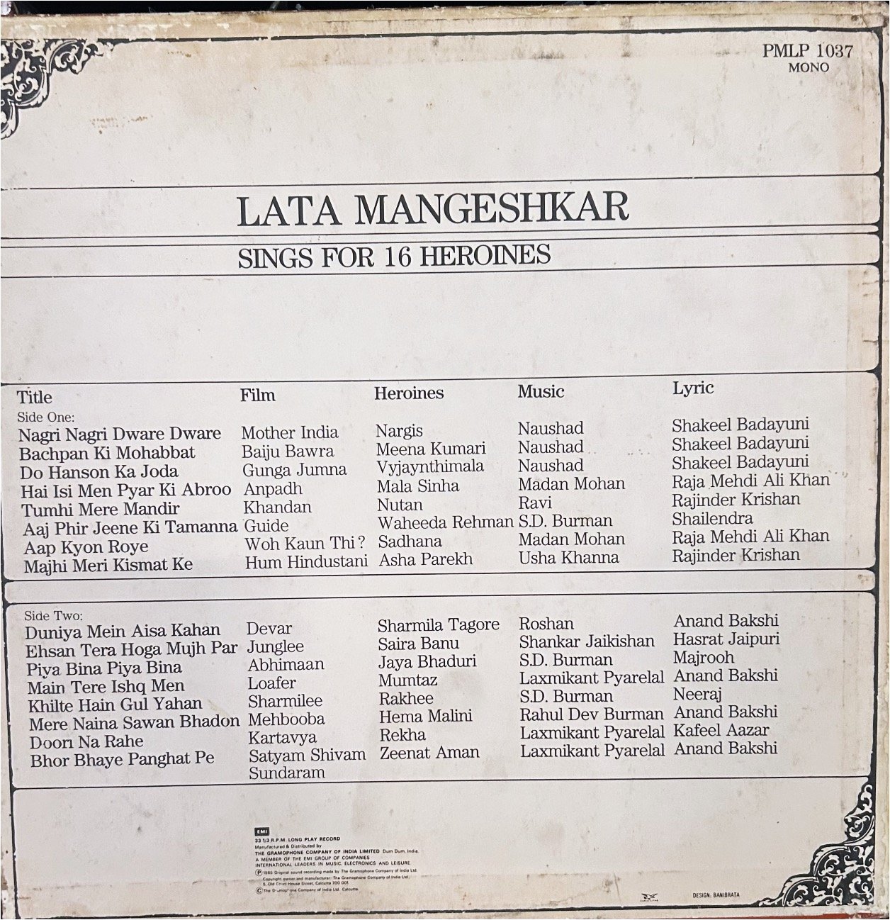 LATA MANGESHKAR SINGS FOR 16 HEROINES-VINYL LP vinyl record cover - buy online India