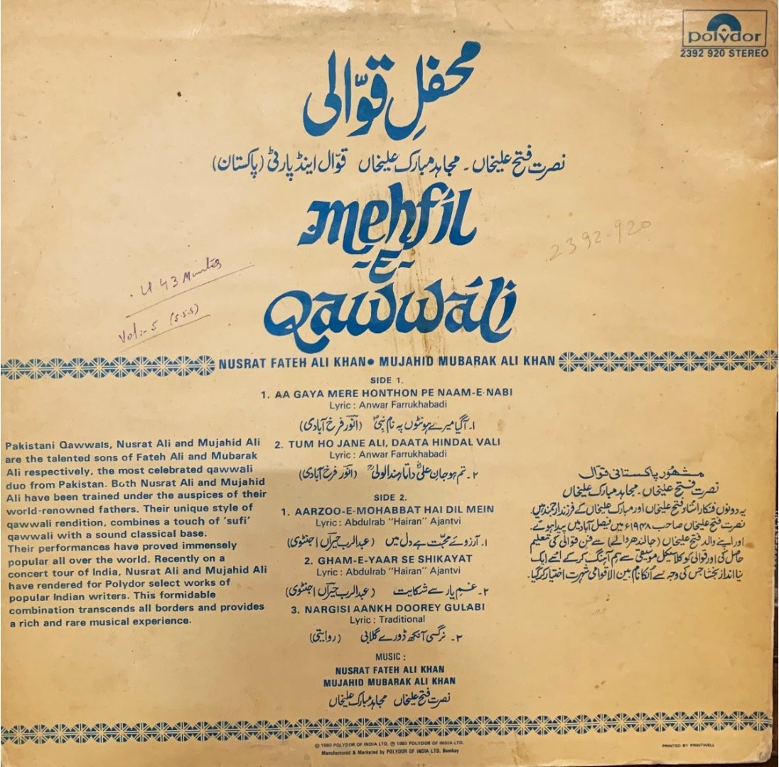 NUSRAT FATEH ALI KHAN-MEHFIL-E-QAWWALI-ULTRA RARE vinyl record cover - buy online India