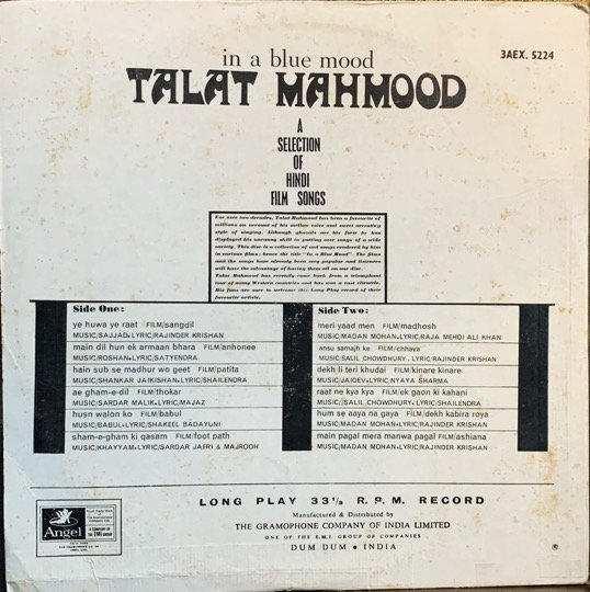 TALAT MAHMOOD-IN A BLUE MOOD-VINYL LP vinyl record cover - buy online India