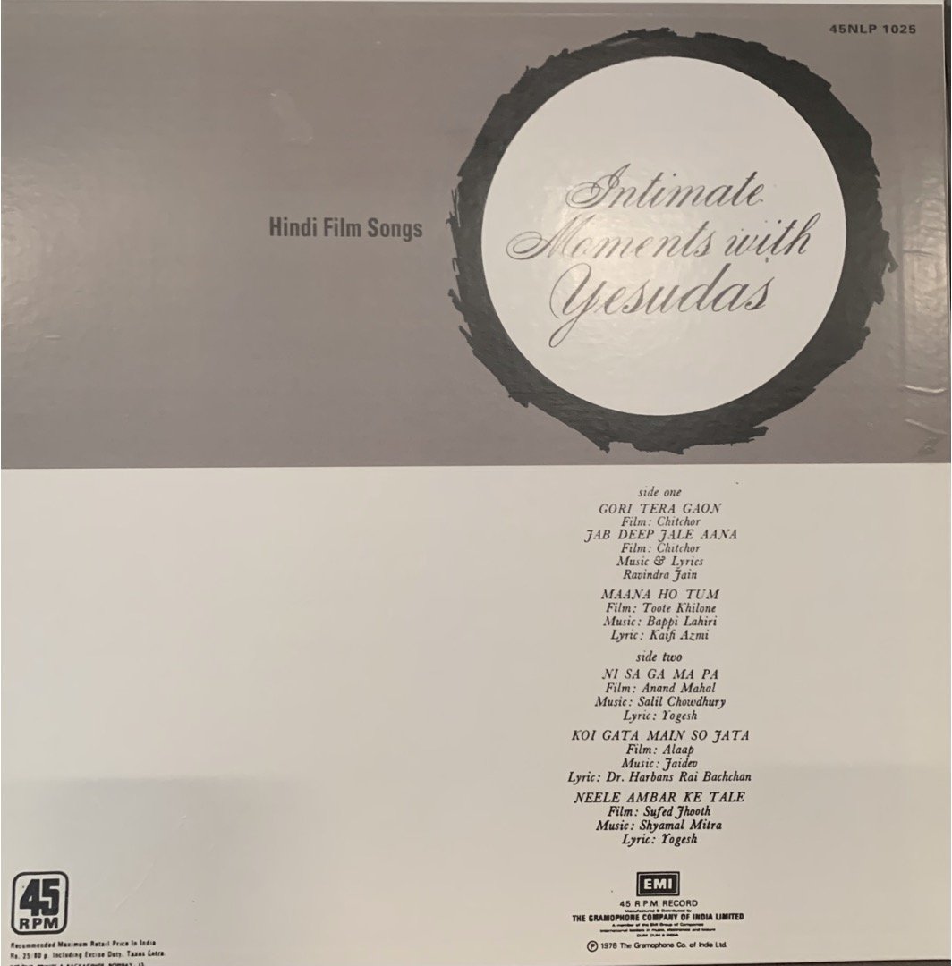 INTIMATE MOMENTS WITH YESUDAS-VINYL LP-45RPM vinyl record cover - buy online India