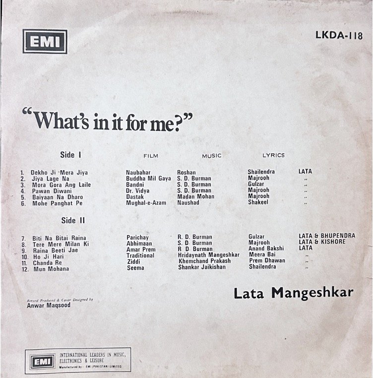 WHATS IN IT FOR ME LATA MANGESHKAR VINYL LP