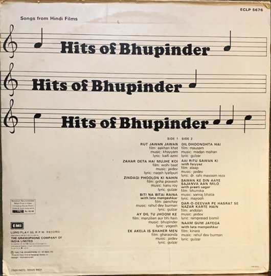 HITS OF BHUPINDER-VINYL LP RECORD vinyl record cover - buy online India