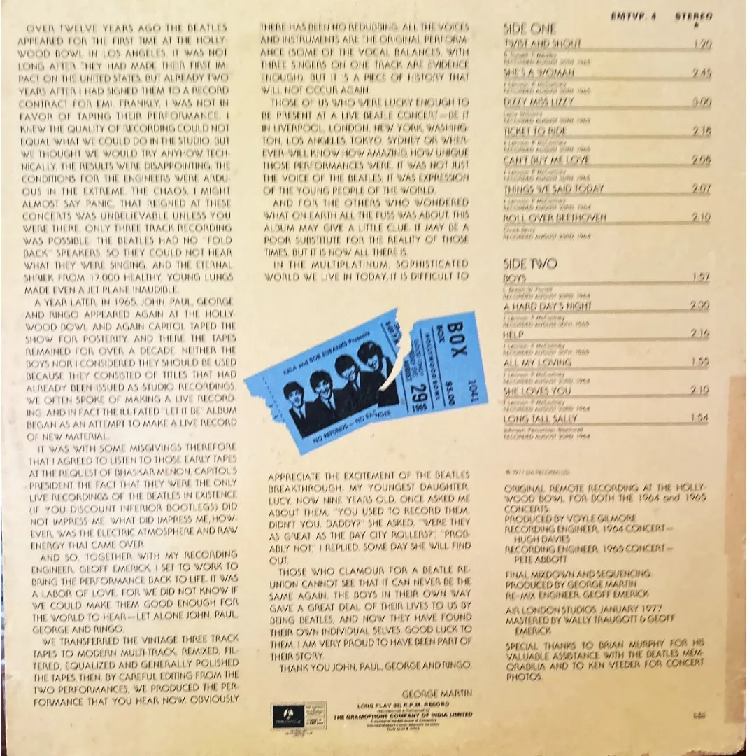 BEATLES HOLLYWOOD BOWL VINYL LP